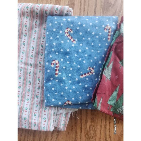 Three blue, red, and green candy cane and evergreen tree fabrics - Picture 6 of 9